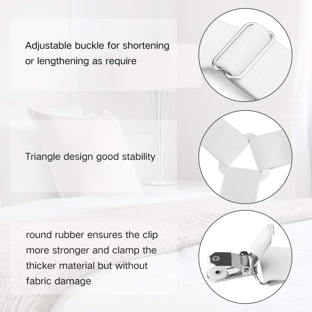 Bed Sheet Fasteners, 4 PCS Adjustable Triangle Elastic Suspenders Gripper Holder Straps Clip for Bed Sheets,Mattress Covers, Sofa Cushion