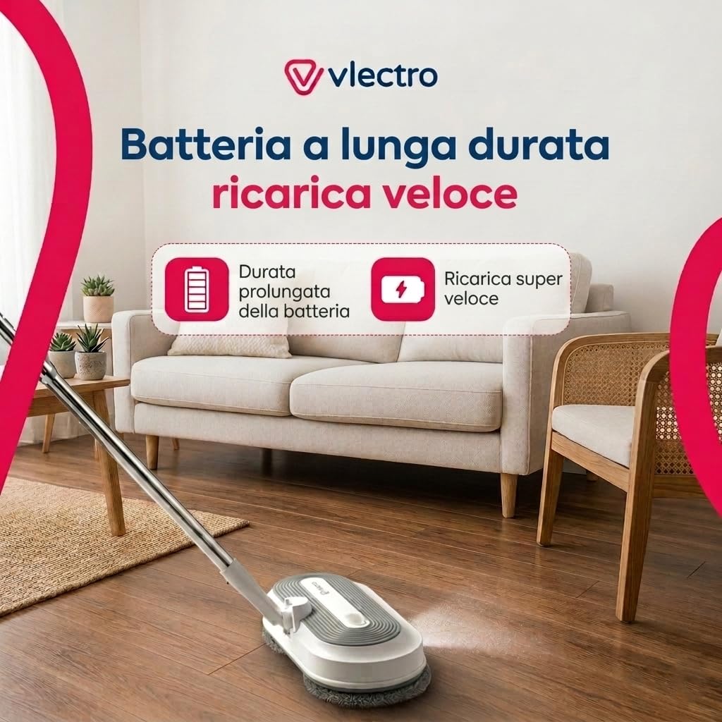 Mocio Elettrico Lavapavimenti Senza Fili | Doppia Rotazione, Testa 180°/90°, Acqua Spray, Luce LED, Per Parquet, Piastrelle e Superfici Dure