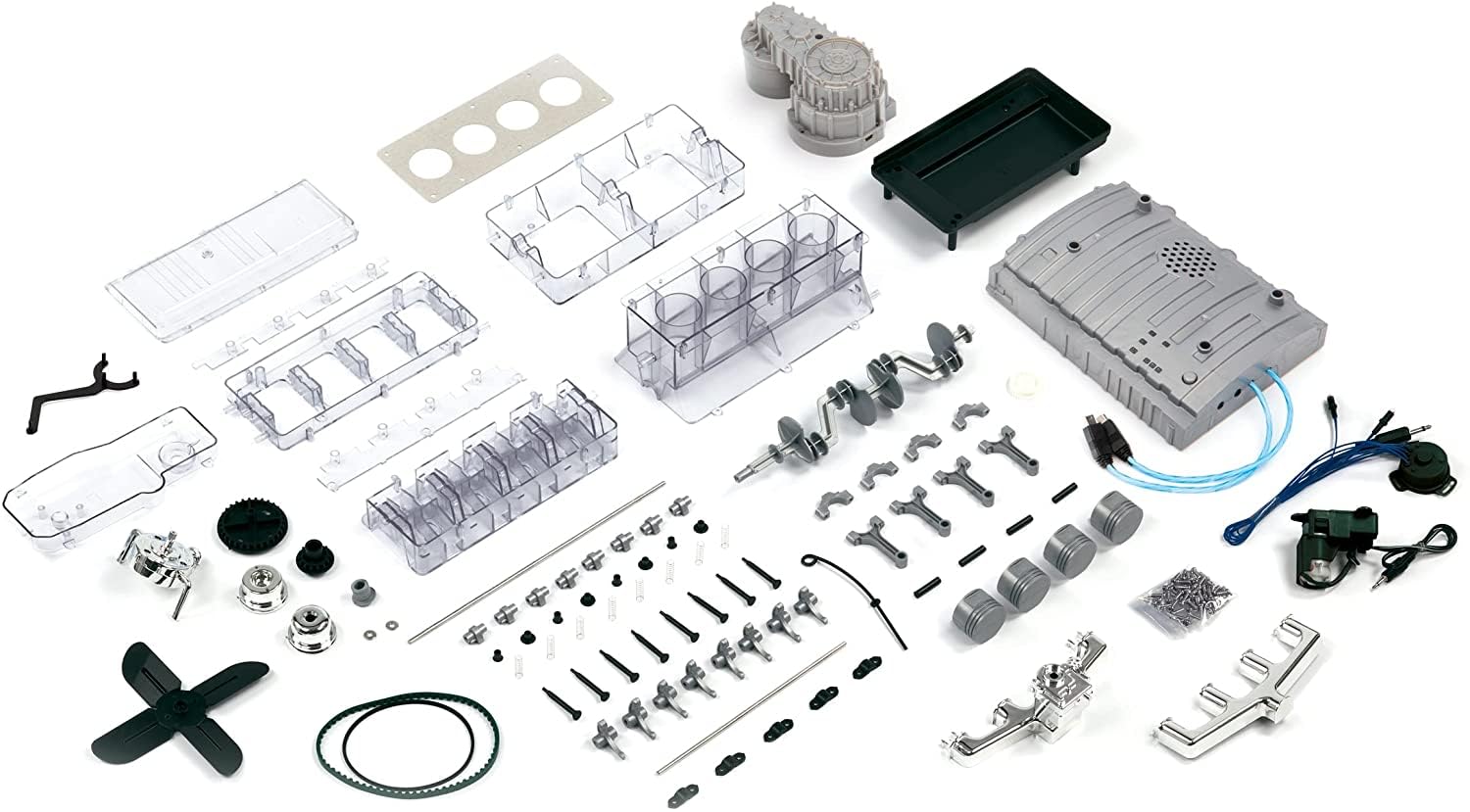 Franzis 67157-Der große Technikbausatz Hybridmotor, originalgetreuer Motorbausatz im Maßstab 1:3, inkl. Soundmodul und 86-seitigem Begleitbuch, Transparent, Mehrfarbig