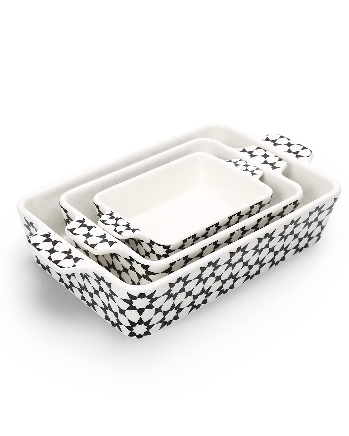FORHOME 3 Pack Ceramic Bakeware Set, Ceramic Glaze Baking Dish Set, Rectangular Lasagna Pan for Cooking, Kitchen,Cake Dinner, Banquet and Daily-Black and white