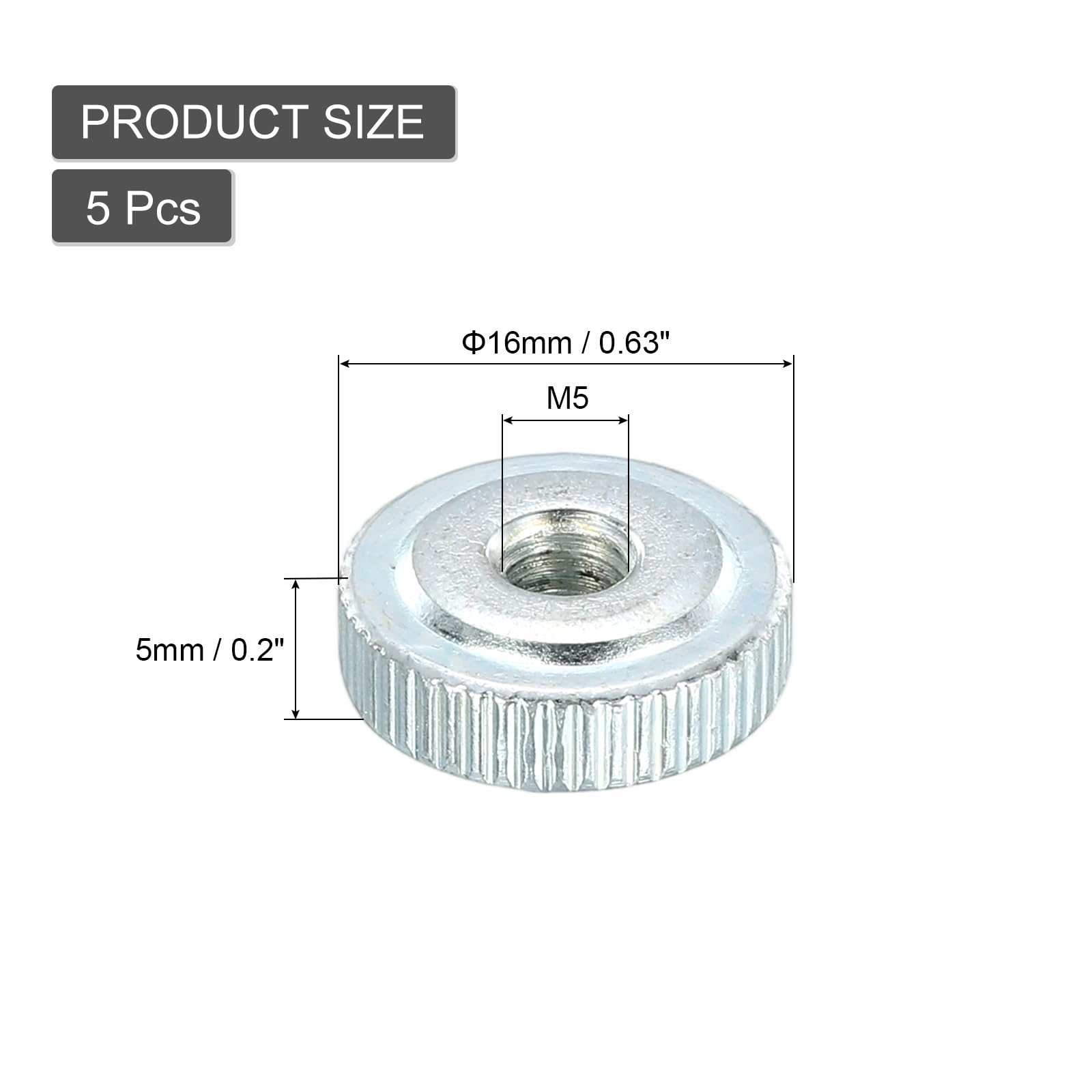 QUARKZMAN Dadi Zigrinati, Filettatura Femmina Tipo Sottile M5, Dado Zigrinato Acciaio Carbonio Zincato Testa Piana con Foro Passante per Bloccaggio e Regolazione Stampante 3D, 5Pz
