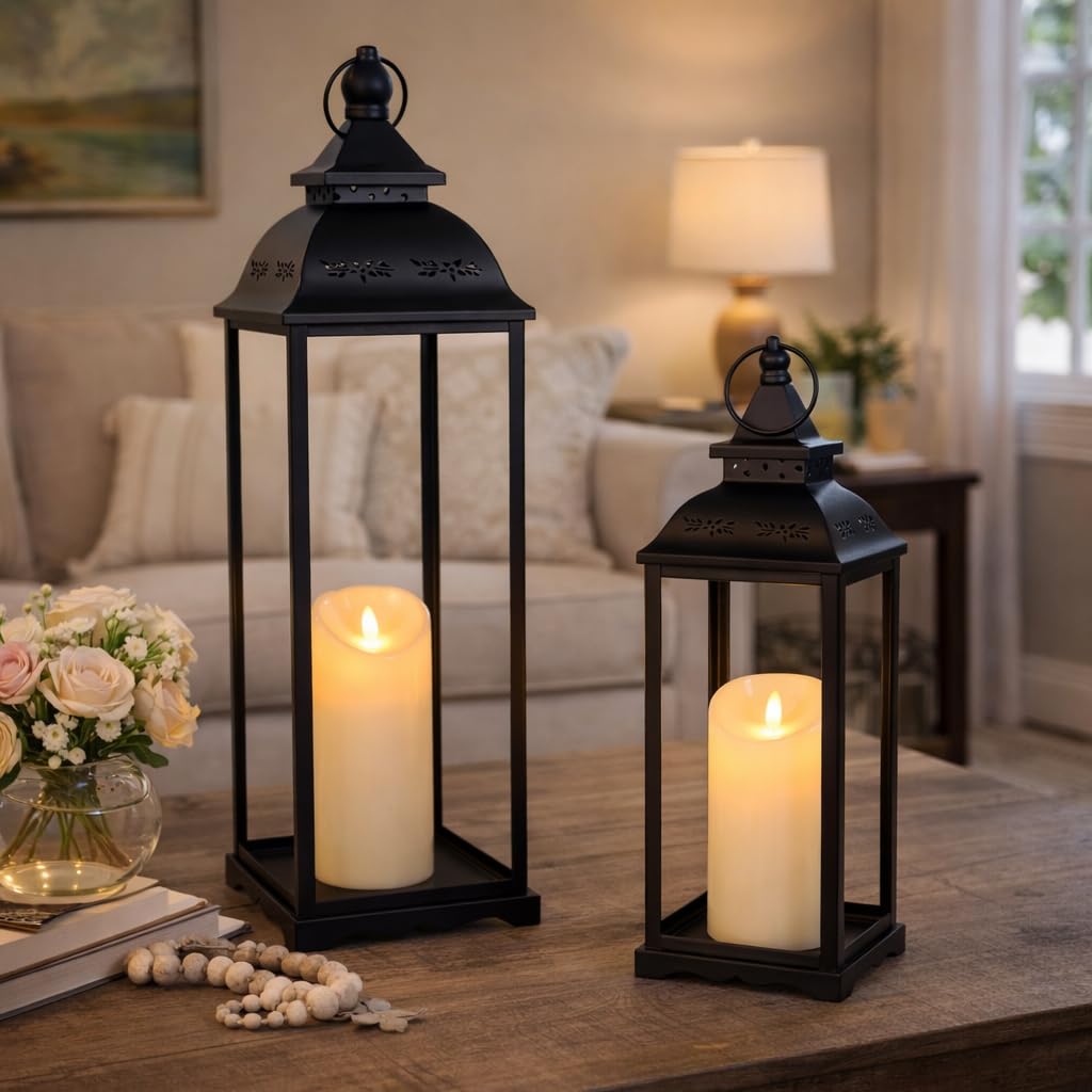 HAVITI 2 sztuki dużych lampionów dekoracyjnych do wnętrz, czarna latarnia wiejska na werandę, wysoka 56 cm, dekoracja latarni (bez szkła) z 2 szt. bezpłomieniowymi świecami, na ślub, do domu, na stół