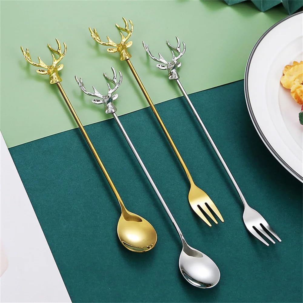 Cucharas de café de mango largo de alce, de acero inoxidable, para helado, postre, regalos de Navidad, accesorios de cocina, cuchara dorada