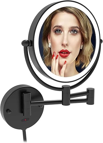 Qlhnyq Espejo de tocador con sensor de 8 pulgadas con luces y aumento de 10x, doble cara giratoria de 360 de extensión LED de 14 pulgadas de