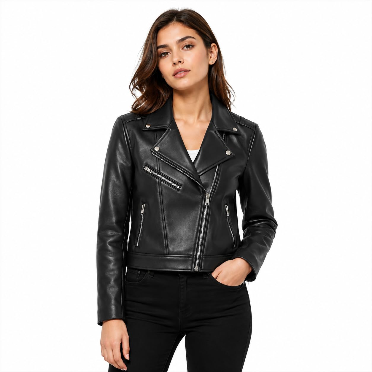 Women's Black Faux Leather Biker Jacket, Premium PU Leather Motorcycle Jacket with Asymmetrical Zip Closure, Slim Fit Casual Fashion Coat, Lightweight Winter Outerwear with Zipper Pockets-picture-14