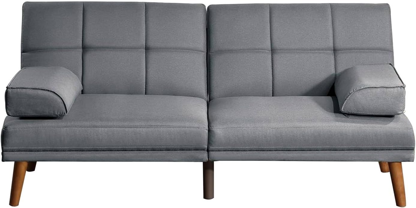 Benjara Gina 71 Inch Adjustable Futon Sofa Bed, Square Tufted, Tapered Legs, Gray