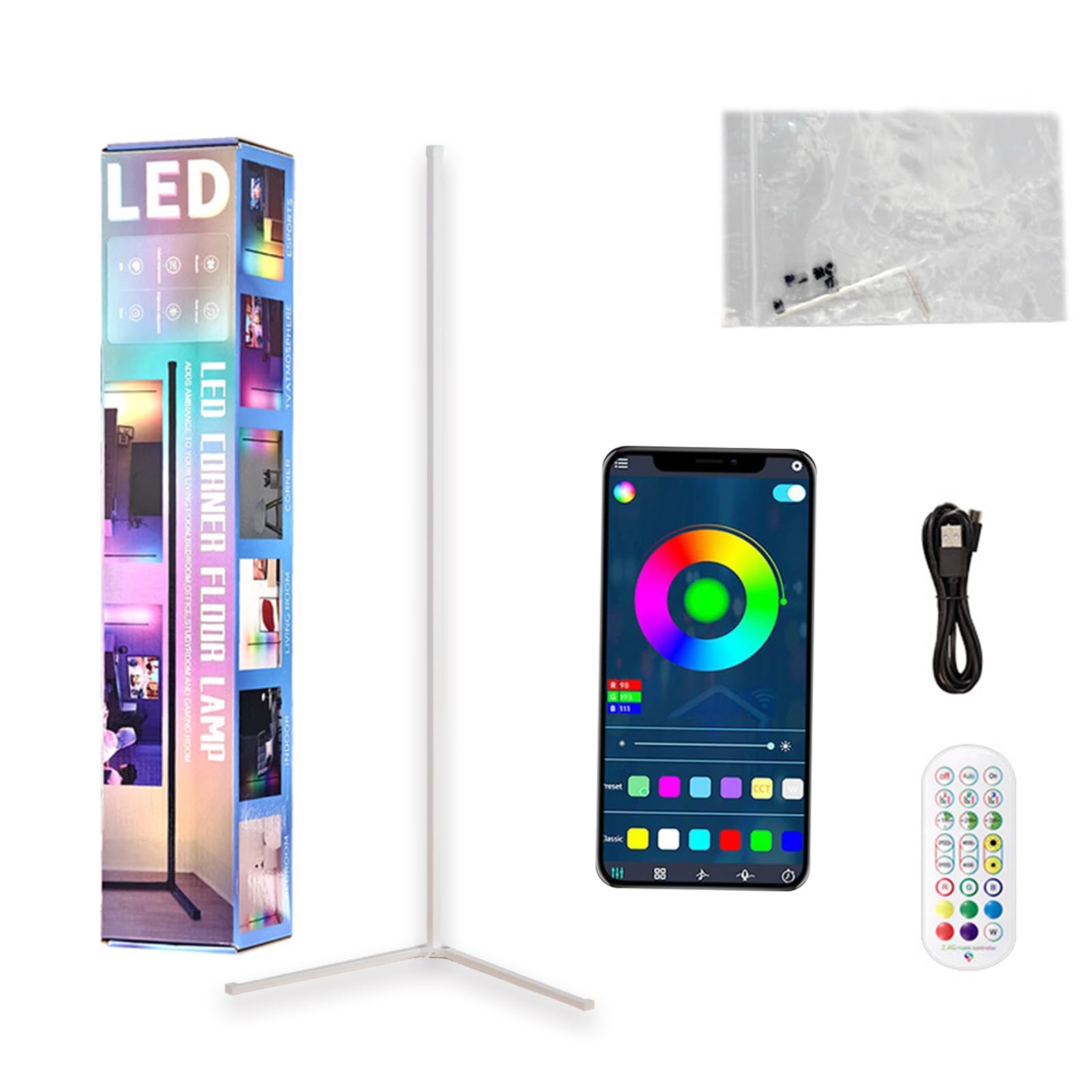 White Led Floor Lamp, Rgb Corner Floor Lamp With App And Remote Control, 1.42M Led Standing Light, 16 Million Diy Colors, Music Sync, Remote, Dimmable, For Living Room, Bedroom