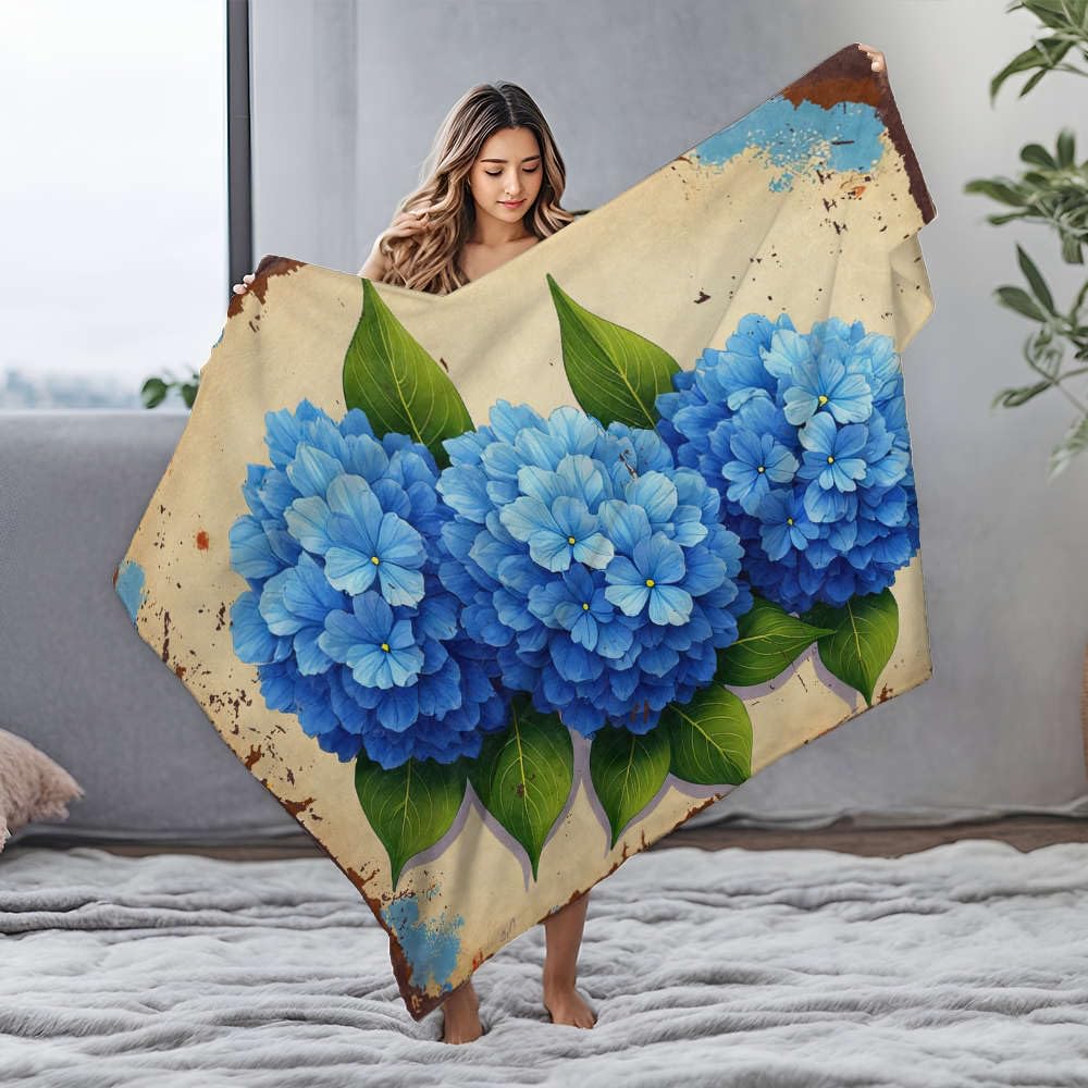 Couverture flanelle haut de gamme bouquet d'hortensia bleu