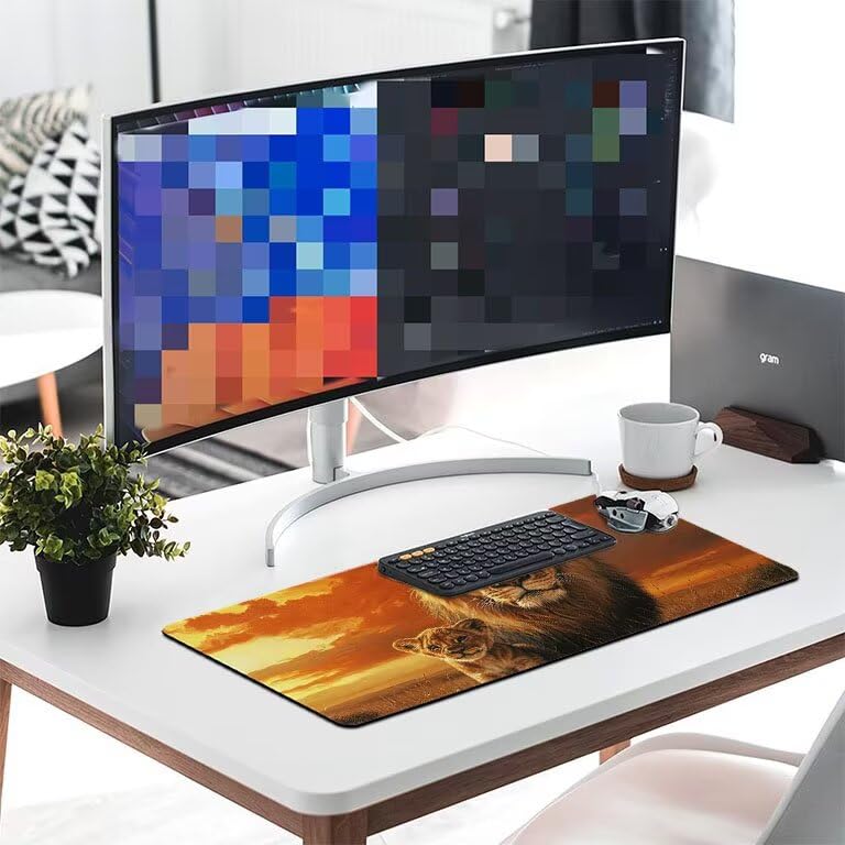 Tappetino Mouse Gaming XXL 1600 x 800 mm Tappetino Antiscivolo Sottomano Da Scrivania Per Mouse e Tastiera, Con Base In Gomma Antiscivolo, Lavabile, Mouse Pad tramonto leone, Regalo per Uomo L-927