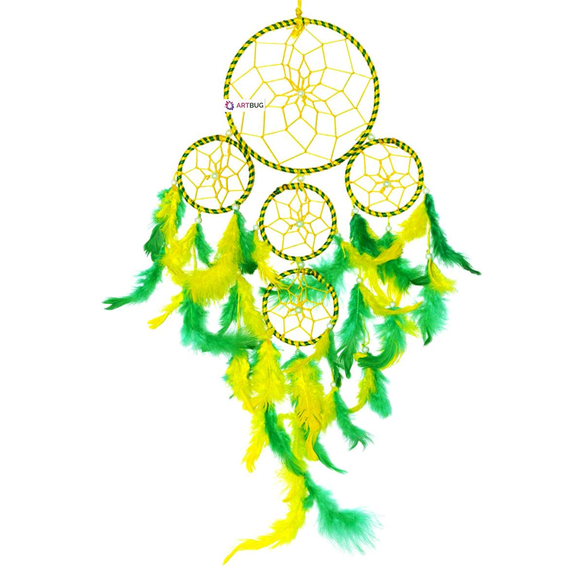 ARTBUG™ Natural Feathers 5 Rounds (Yellow and Green) Dream Catcher Wall Hanging - for Home/Office/Shop/Rooms (Pack of 1)-image-25