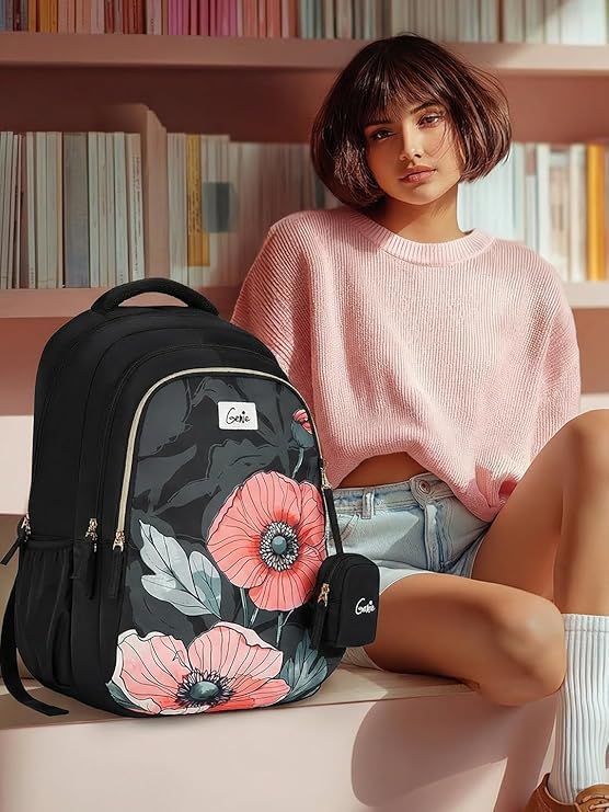 Image of Genie Aurela School Backpack For Girls |19 Inch-36 Litres With Three Compartments, Light Weight with Padded Shoulders |Best for Books, Water Bottles, Stationery, Lunch Box & Essentials - Black