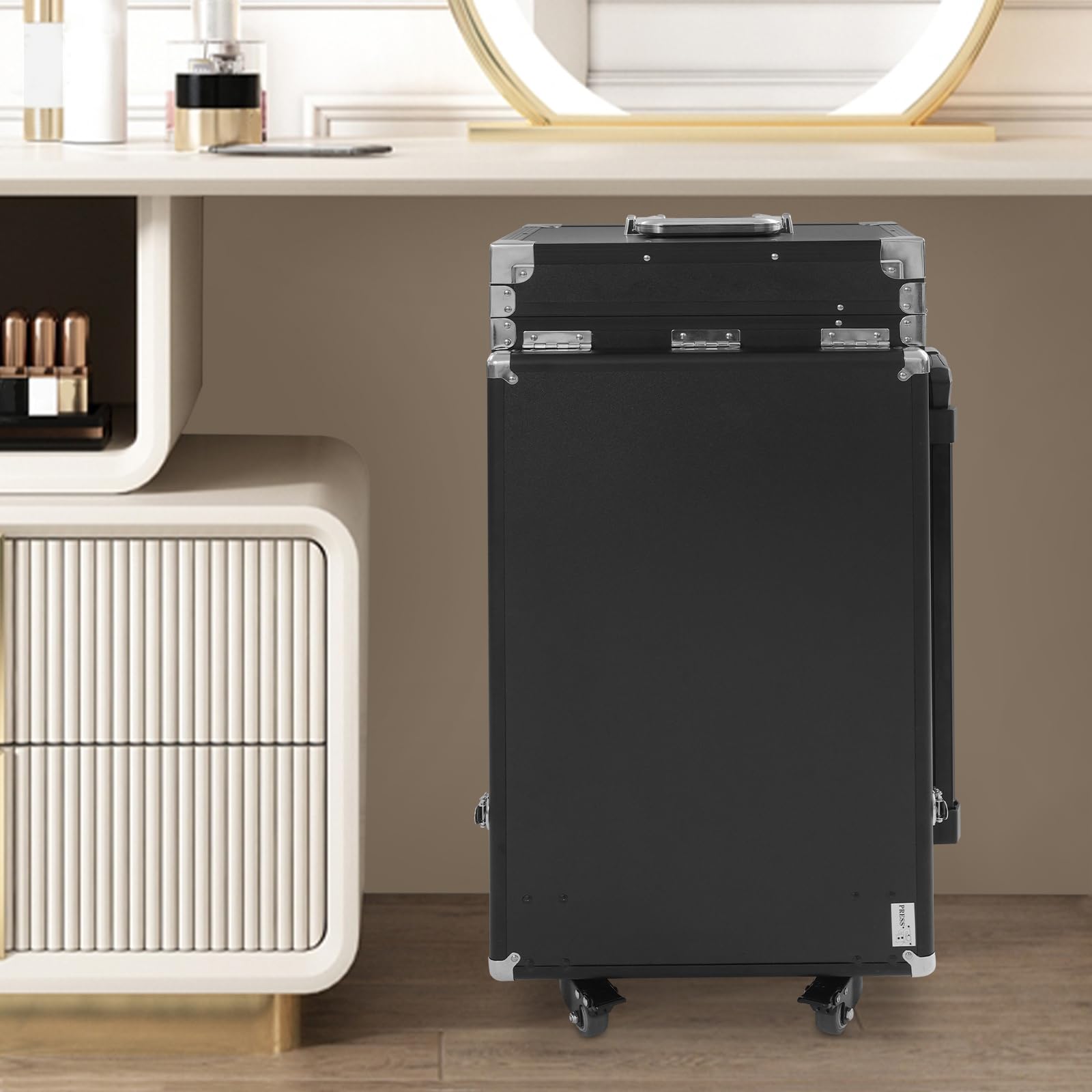 Professioneller Kosmetikkoffer Trolley, 2 In 1 Tragbarer Nageltisch Schminkkoffer Aluminium Nagelkoffer Große Friseurkoffer mit 2 klappbare Tischplatten, 4 Schubladen, Stützbeinen und Rollen