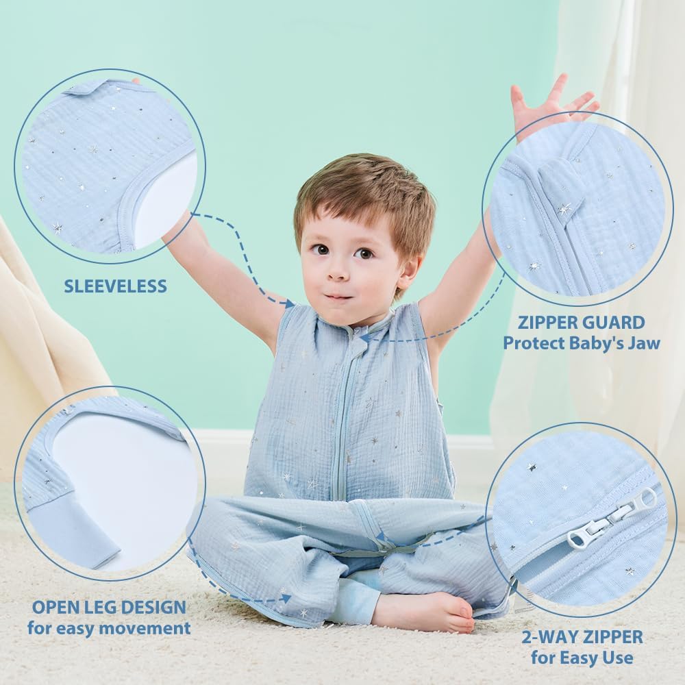 Toddler Sleep Sack with Feet, TOG 0.5 Sleeveless Baby Sleeping Bag, 2 Pack 100% Cotton Baby Wearable Blanket