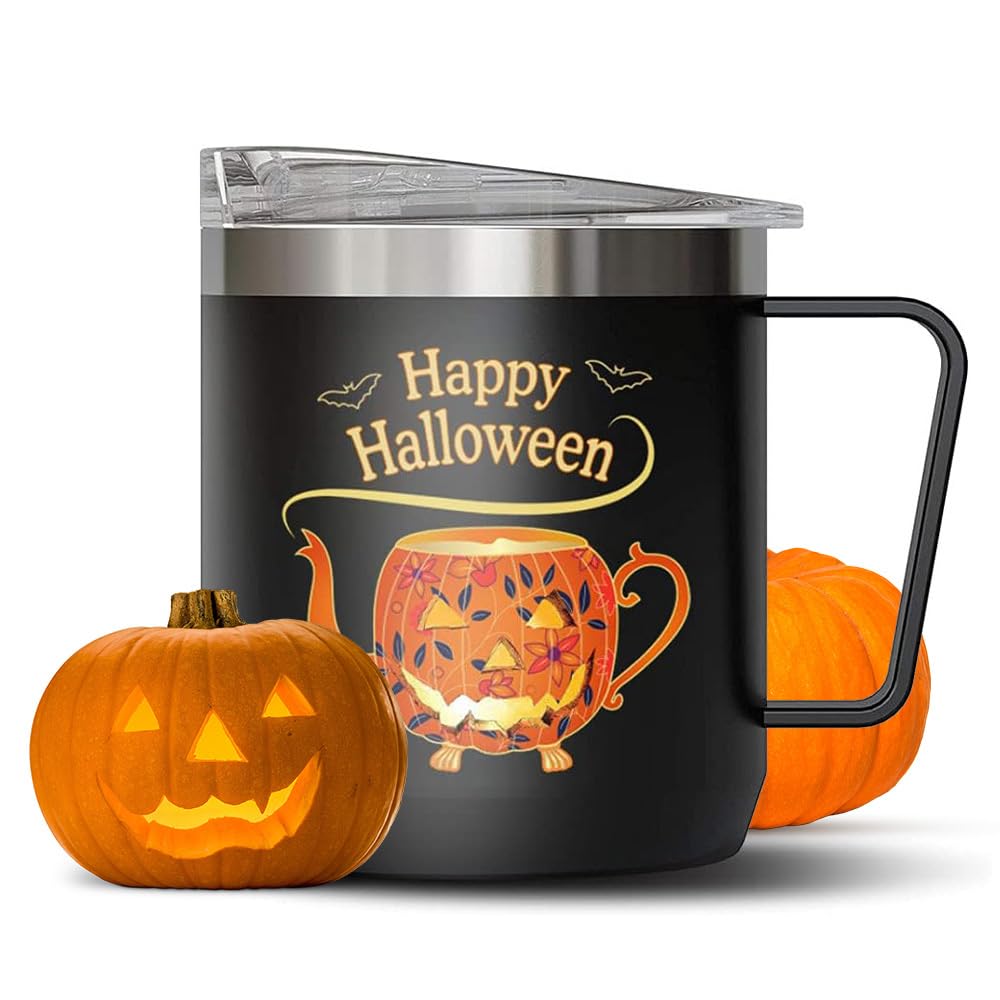 Halloween Mug, 🎃 Spooky, Vacuum Insulated, Double Wall, Sweat-Proof Mug with Slider Lid for Hot & Cold Drinks | Halloween Gifts