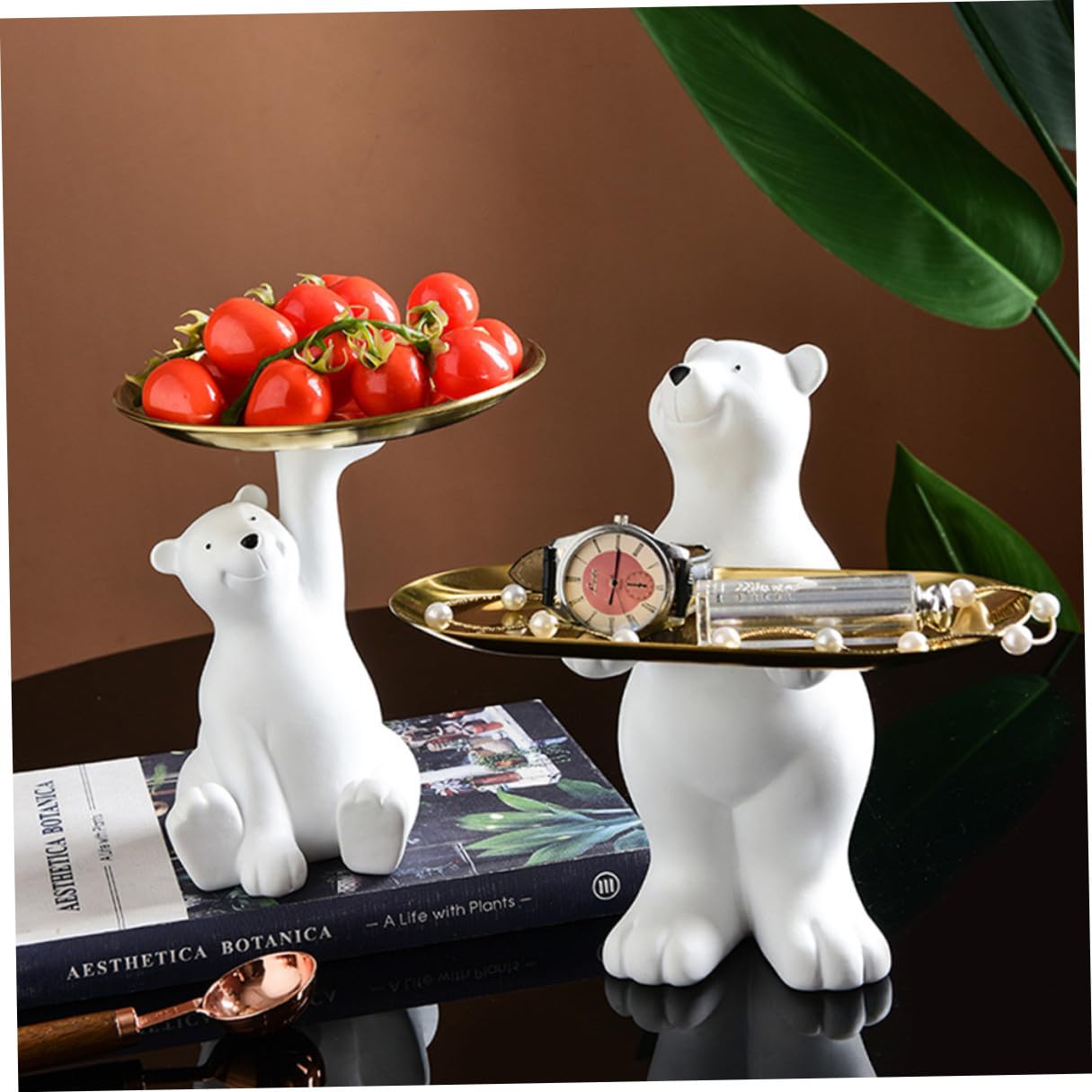 TOYANDONA Bandeja Decorativa de Resina con Escultura de Oso Polar, Plato de Almacenamiento Desmontable y Multifuncional para Salón, Entrada y Organización de Llaves, 1 Pieza