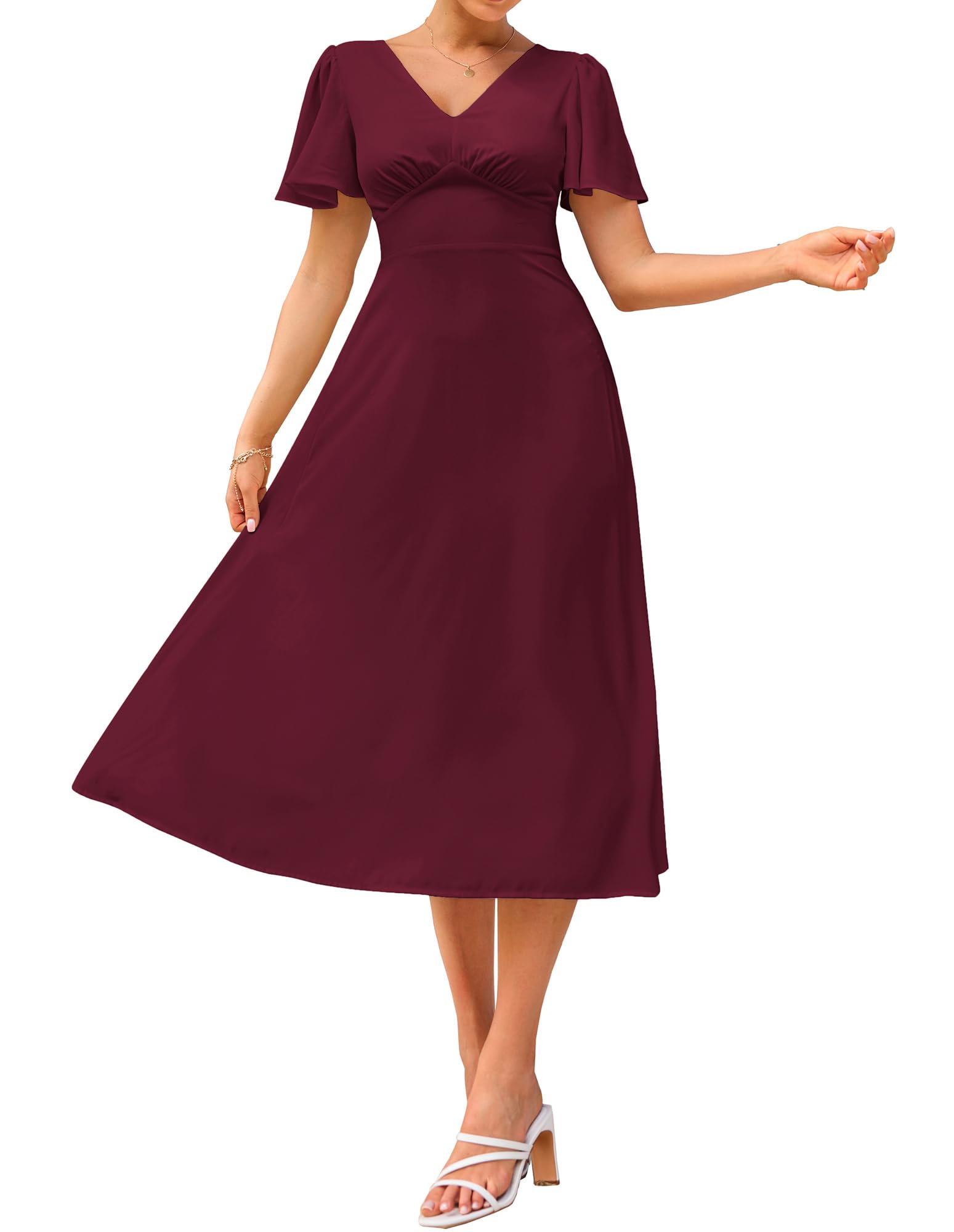 Grace Karin Frauen Elegantes Kleid Kurze Ärmel Geraffter Vorderteil Smok-Rücken A-Linien Kleid Weinrot M