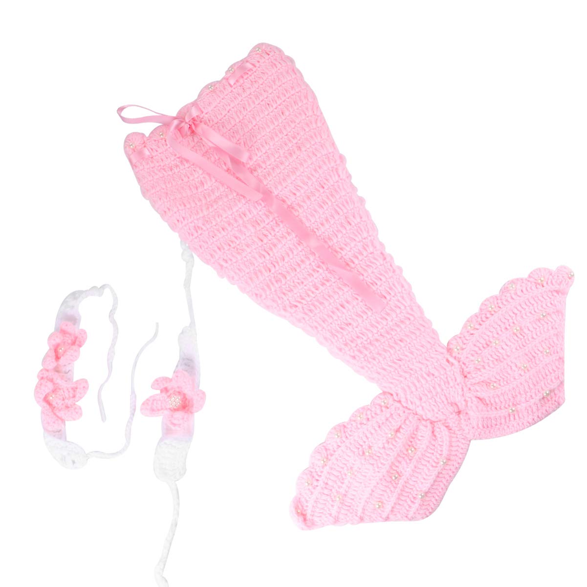 Tomaibaby Baby Photography Props, Mermaid Crochet Outfit Newborn Photo Costume with Headband Bra Tail Dress Up Accessories Pink