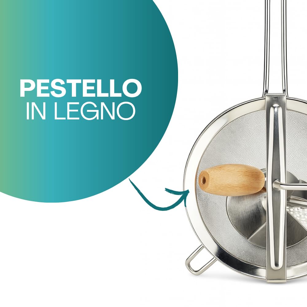 Paluplus Passaverdure Manuale in Acciaio Inox, Diametro 20 Cm, Passacolino con Pestello in Legno, per marmellate, salse, frutta, verdura, legumi e per setacciare farine, Made in Italy -400C-0,75