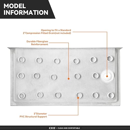 Miniatura 5 de CKB Base de ducha de umbral único de 60 pulgadas de largo x 36 pulgadas de ancho, plato de ducha de drenaje derecho con superficie texturizada
