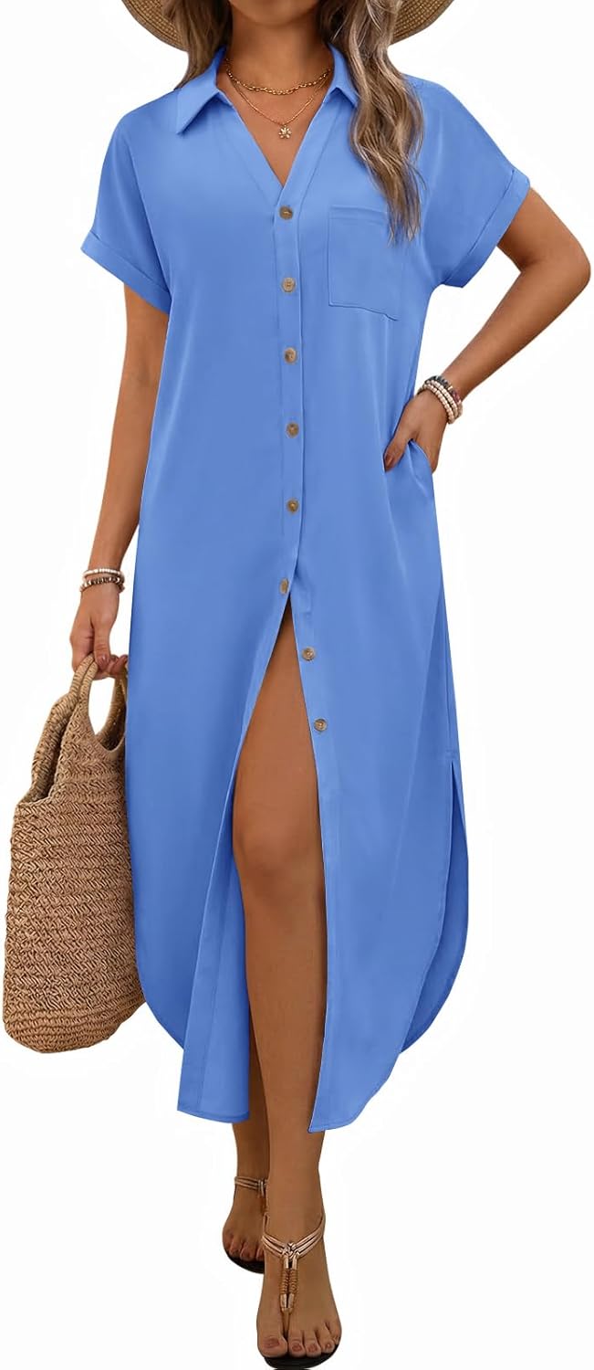Yousify Summer Dresses for Women 2026 Casual Short Sleeve Button Down Maxi Dress Beach Cover Ups with Pockets
