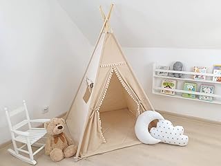 Teepee with pompoms, Kids Teepee, Beige Teepee, Tipi for Girls, Tipi tent for kids, Childrens Teepee, Playtent, Tipi, Teepee tent, wigwam
