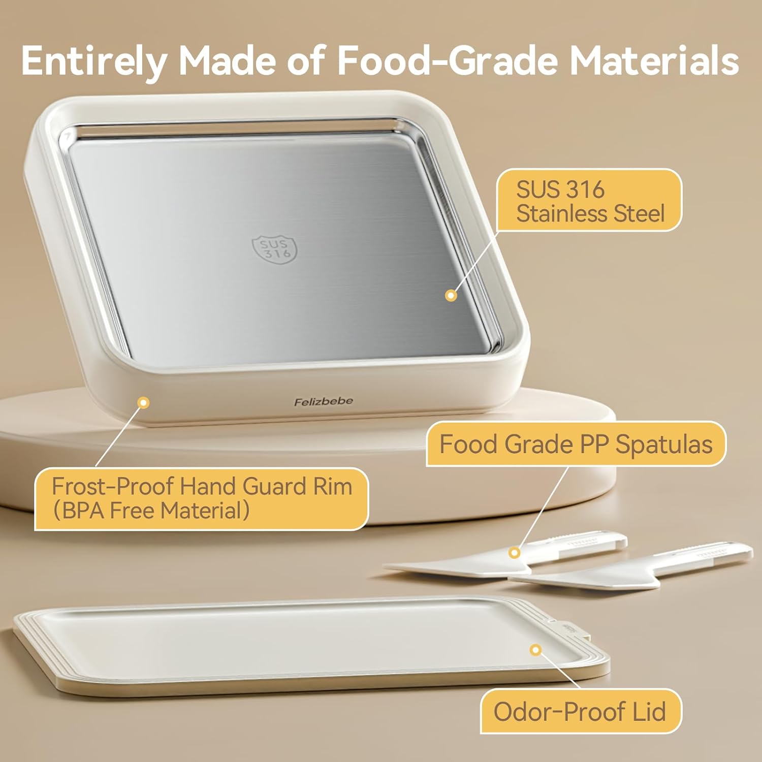 Rolled Ice Cream Maker, Felizbebe Instant Ice Cream Roller Tray with Lid and 2 Spatulas, Food Grade Premium Stainless Steel Cold Plate No-electricity for Fun Family Activities, DIY Parent-Child Time