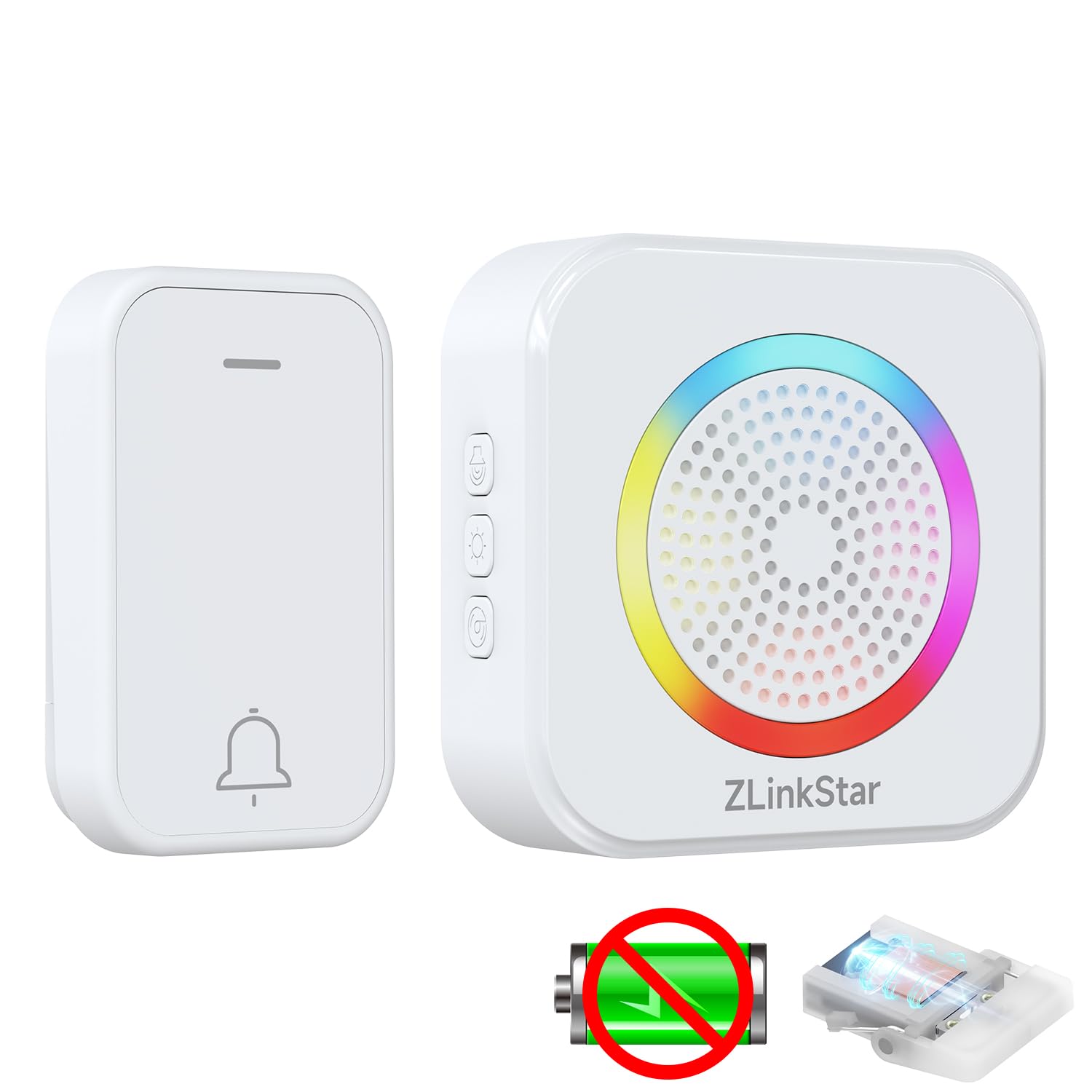 ZLinkStar Doorbell Wireless No Battery Needed,Self-Powered Wireless Door Bells Range 600ft,63 Chimes,4 Volume Levels with RGB Lighting,Waterproof Doorbell for Home/Classroom/Office(White013-1-1)