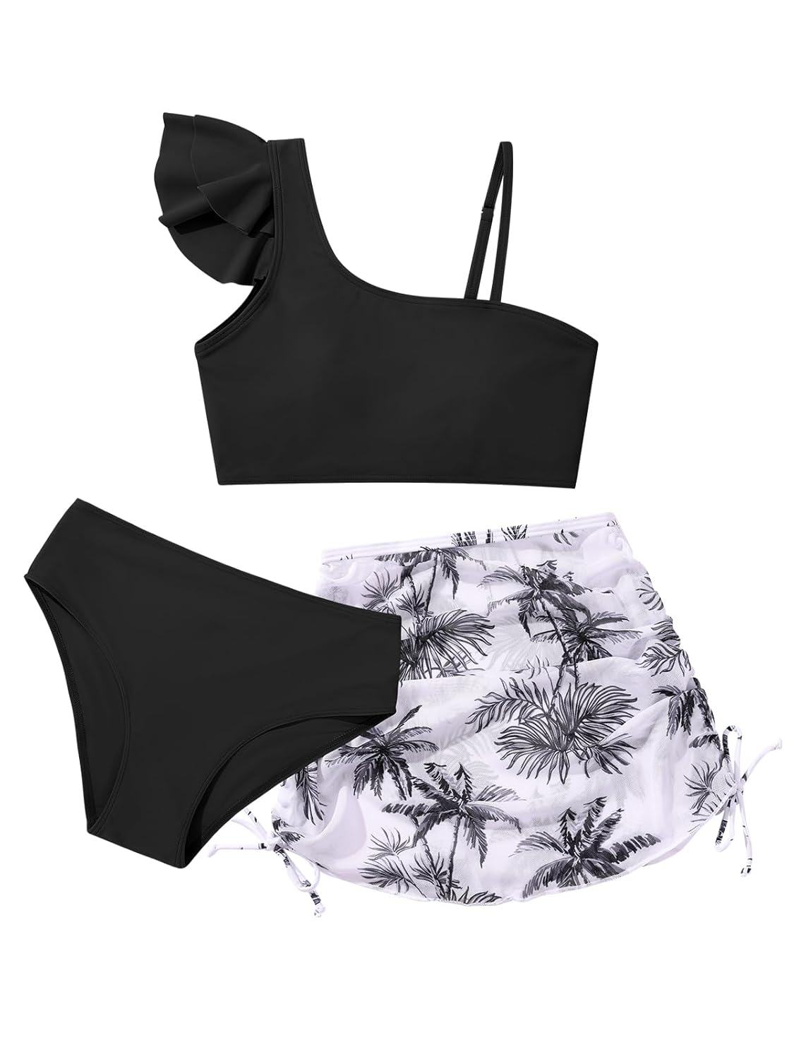 Conjunto de biquíni para meninas, manga com babados, 3 peças, saída de praia tropical com cordão e saia para adolescentes
