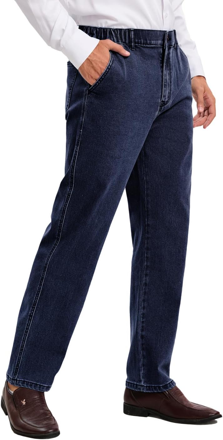 voeeron Mens Elastic Waist Jeans Relaxed Fit Men's Jeans with Elastic Waist with Zipper and Button - Image 3
