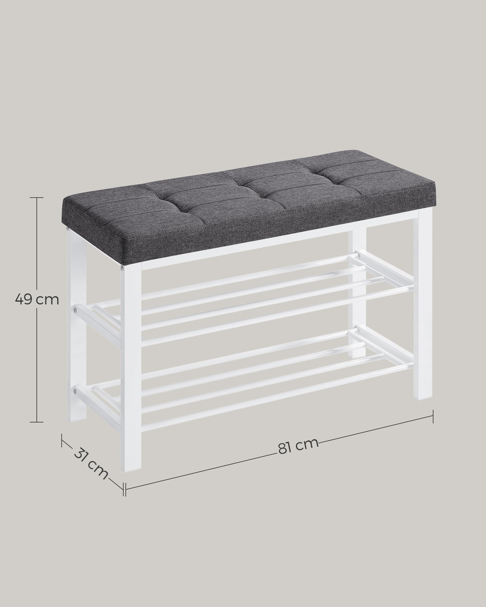 SONGMICS Banco Zapatero, Zapatero de 3 Niveles, Organizador Zapatos con Asiento Acolchado de Espuma, Lino, Marco de Metal, para Sala de Estar, Pasillo, 31 x 81 x 49 cm, Blanco y Gris LBS057W03