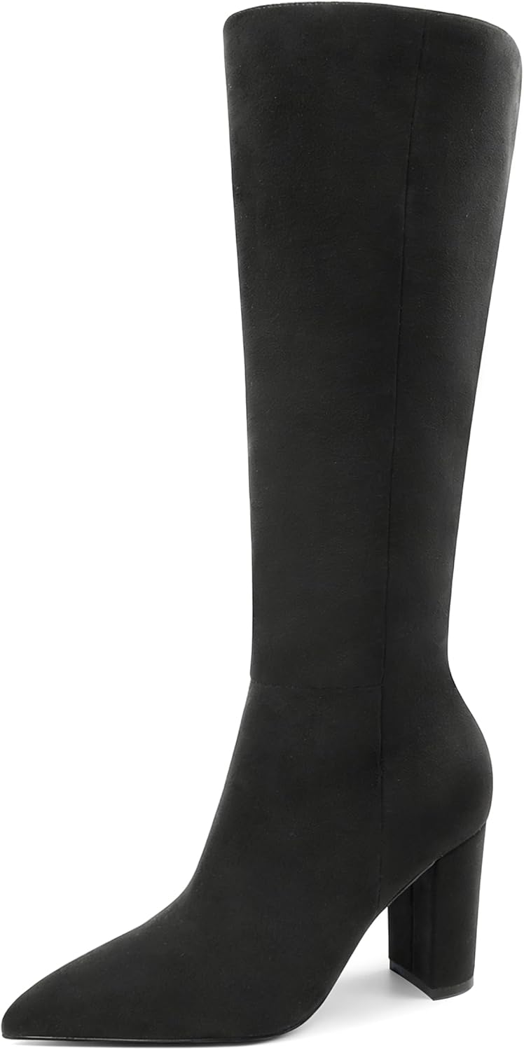 YODEKS Women Knee High Boots Pointed Toe Chunky Block High Heel Tall Long Gogo Boots 3.5 Inch