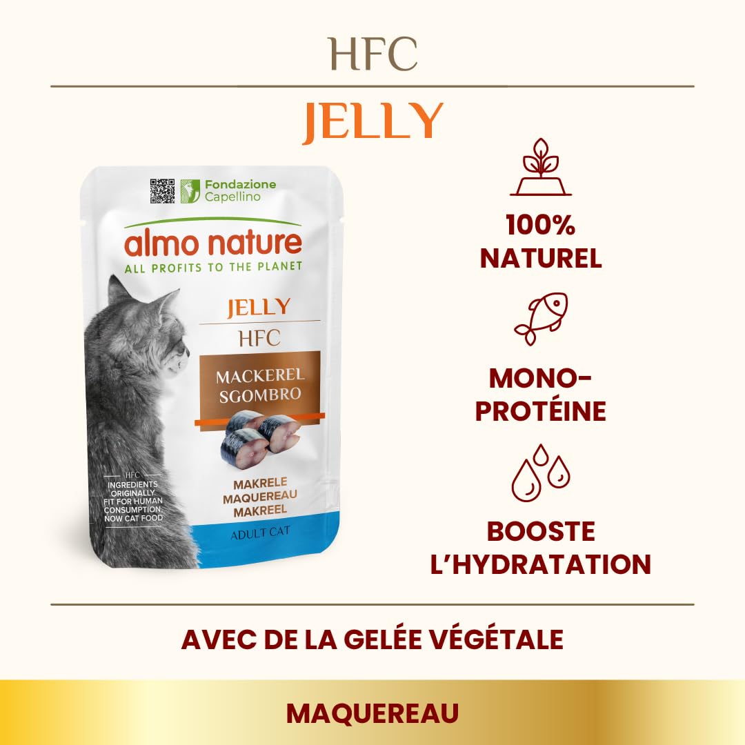 Almo Nature HFC Jelly – Nourriture Humide pour Chats Adultes – Maquereau – 55 g, Lot de 24 Sachets
