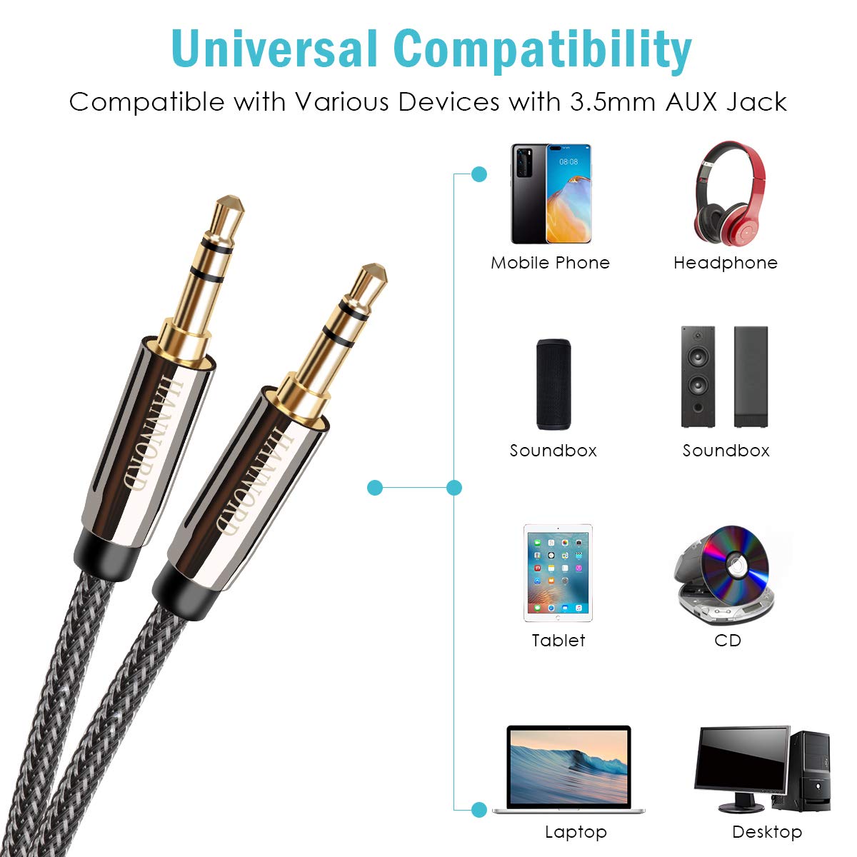 AUX-Kabel, Hannord 3,5-mm-Nylon-geflochtenes Stereo-AUX-Kabel Hi-Fi-Sound mit Stecker-Stecker AUX-Kabel AUX-Zusatzkabel für Auto, Kopfhörer, Lautsprecher, Stereoanlage, iPhone, Echo (2 m)