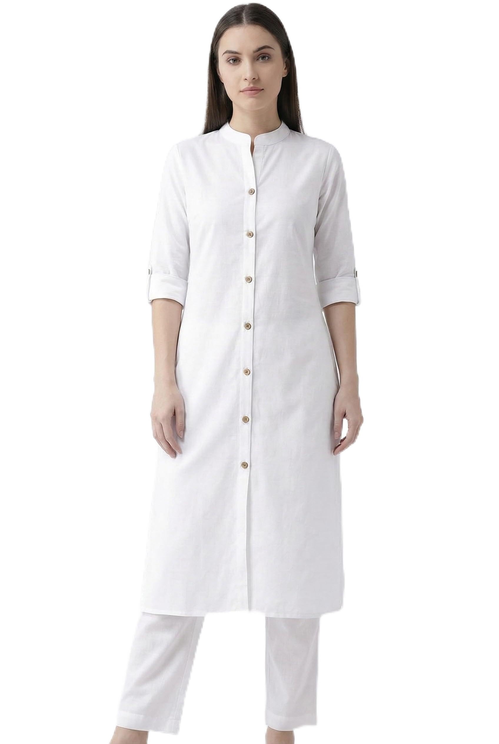 jaipur hand block Women's Pure White Cotton Button-Down Kurta with Matching Pant Set | Mandarin Collar Calf-Length Tunic | Casual & Office Wear-picture-23