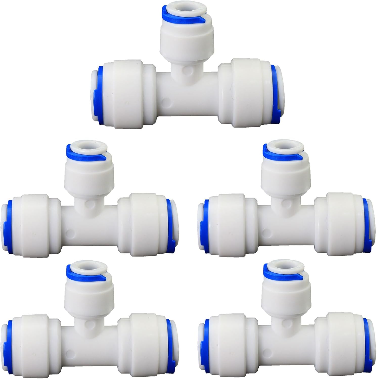3/8"×1/4"×3/8" Push-to-Connect Plastic T-Shaped Tee (5-Pack) | T-shaped push-to-connect plastic adapter for water purifiers — ideal for RO/RODI reverse osmosis filtration systems.
