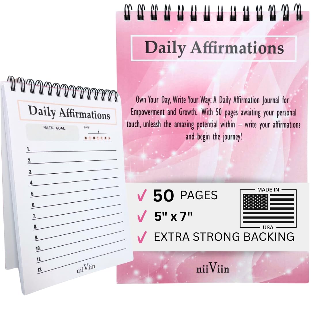 NIIVIIN Afirmaciones diarias para mujeres, cuaderno rosa de 50 páginas para escribir tus afirmaciones positivas, regalos motivacionales para mujeres, bonito diario personal, bloc de espiral de 5 x 7
