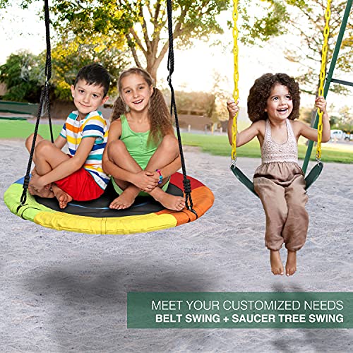 Trekassy 440lbs 2 Seat Swing Set for Backyard, 1 Saucer Swing Seat and 1 Belt Swing Seat with