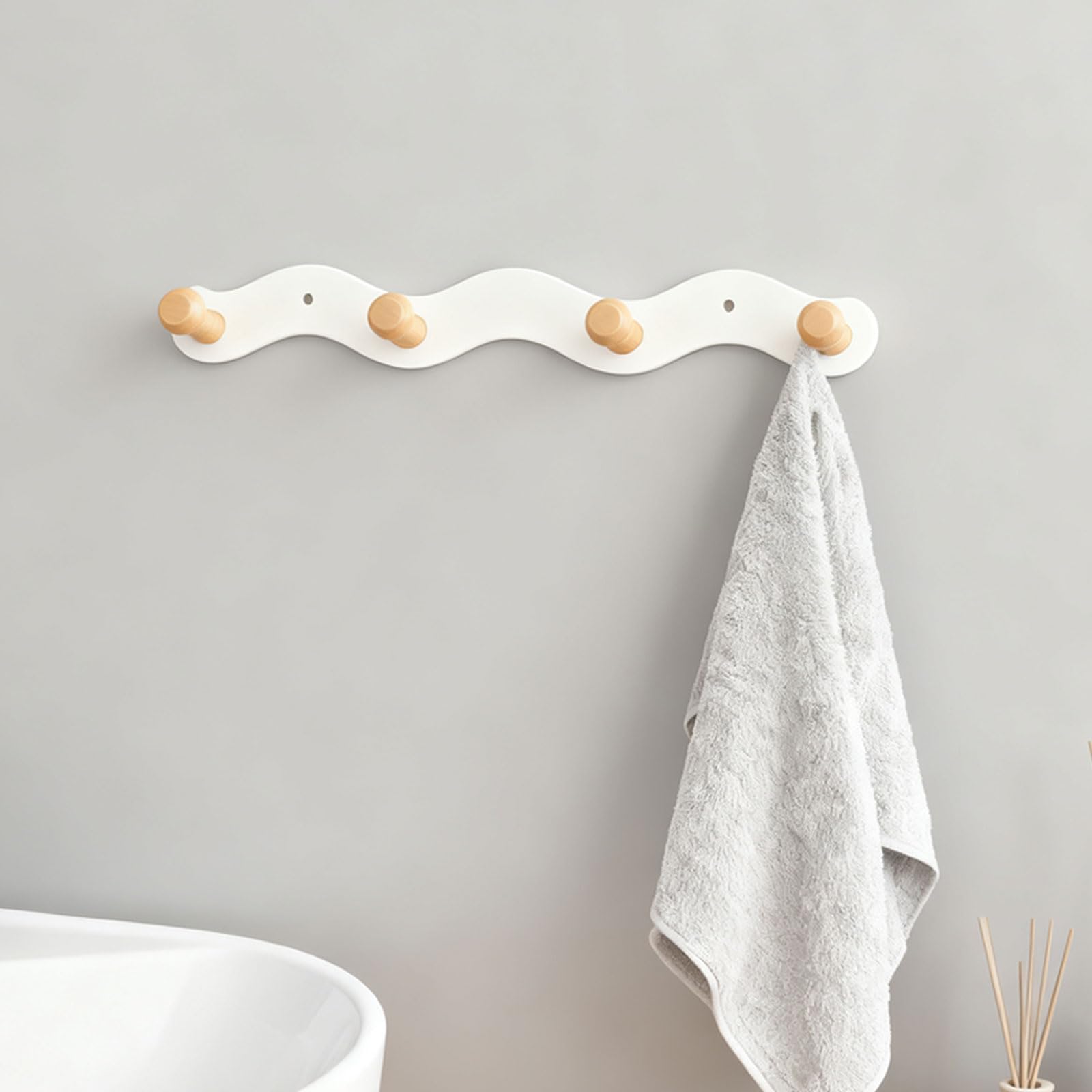 Porte-manteau mural sans perçage - 35,5 cm - Avec crochets en bois - Double option de montage pour garde-robe d'enfant, couloir, chambre d'enfant, salon et salle de bain