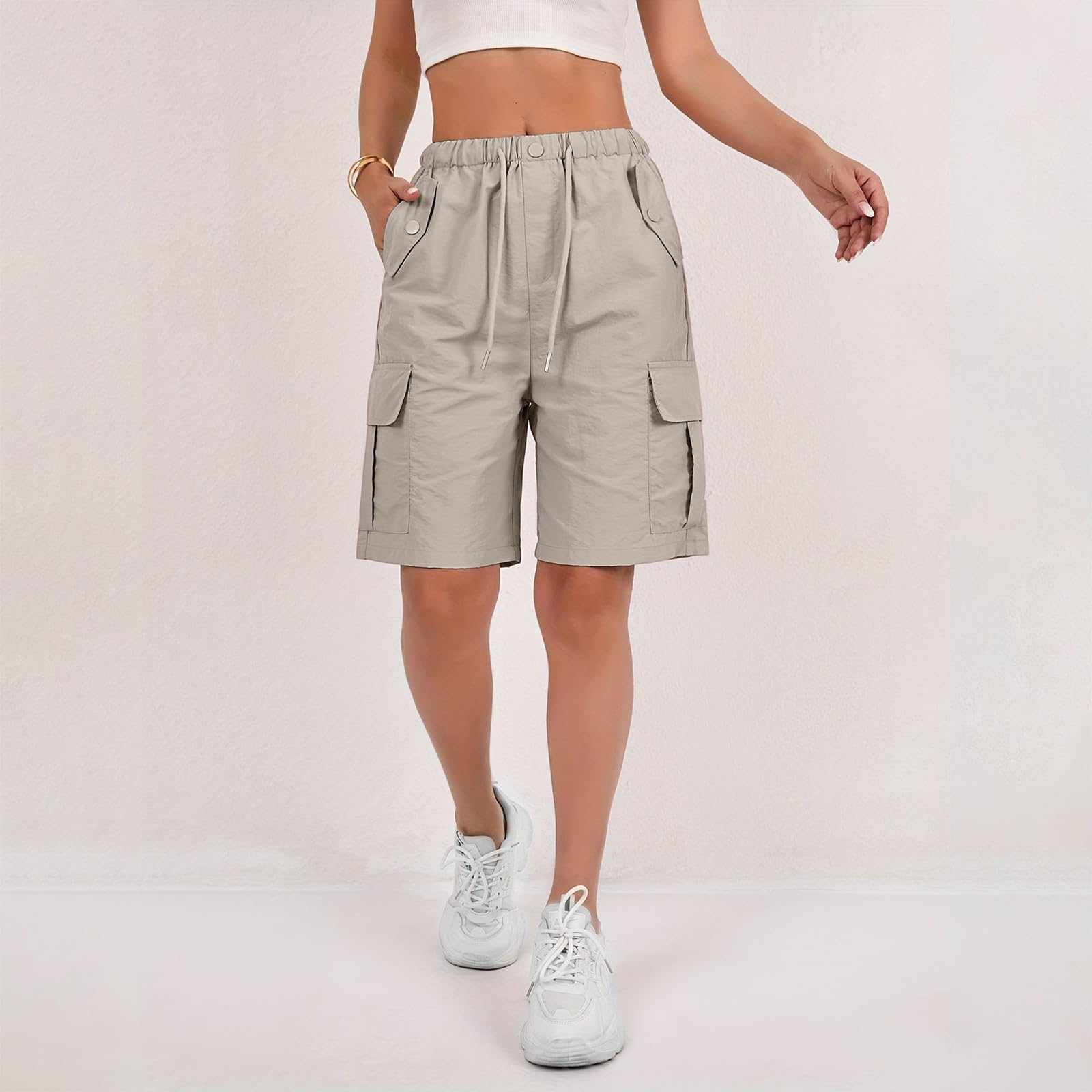 Women's Bermuda Shorts Summer Quick Dry Cargo Shorts with Pockets Outdoor Casual Elastic Waist Drawstring Knee Length Hiking Short Water Resistant Athletic Golf Short Camping Travel Pant