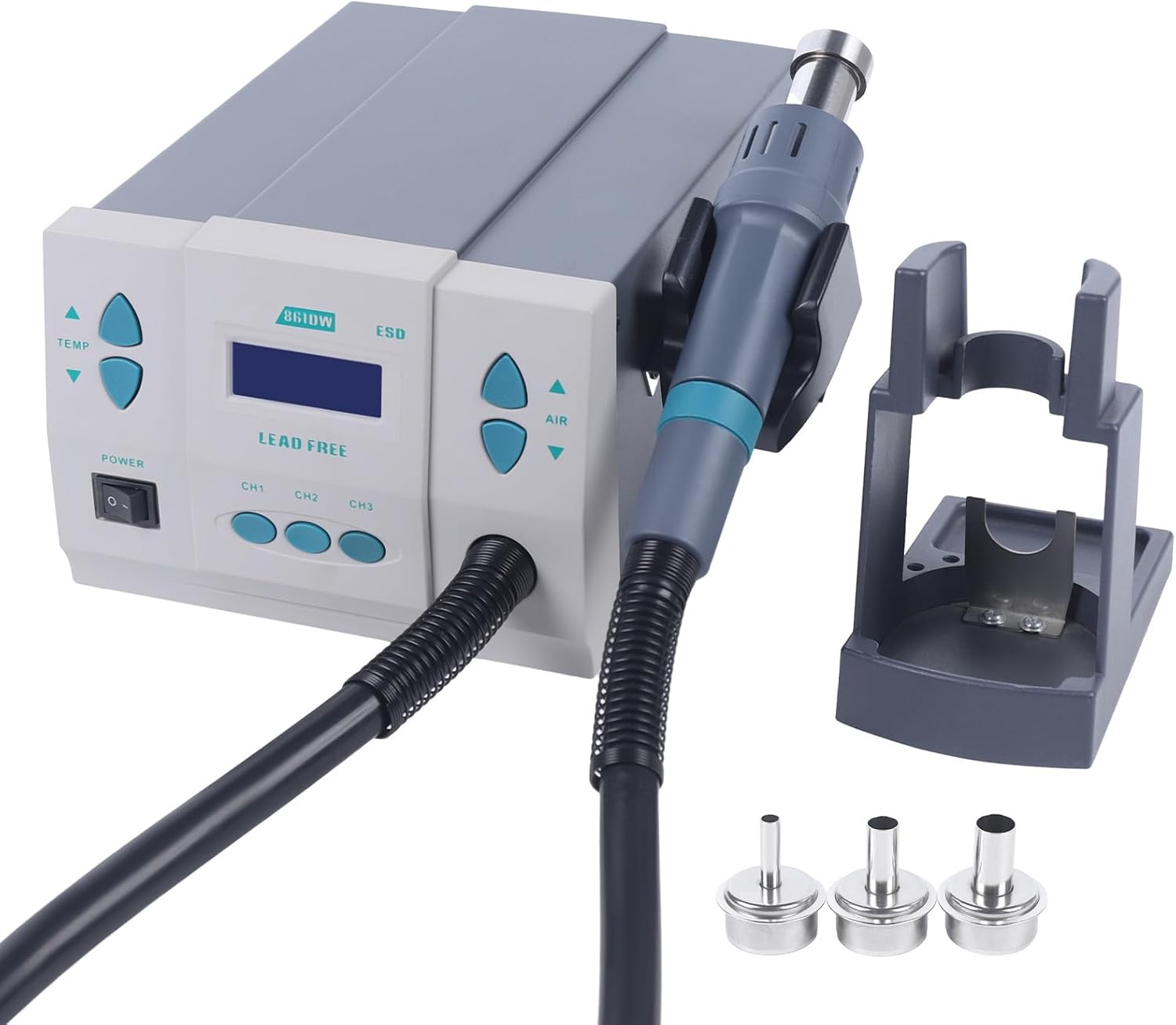 861DW Hot Air Rework Station 1000W Automatic Sleep Quick Hot Air Gun Soldering Station w/Digital LCD, 212-932°F Adjustable Temp & Air Volume, 3 Nozzles for Electronics Repair Micro Soldering