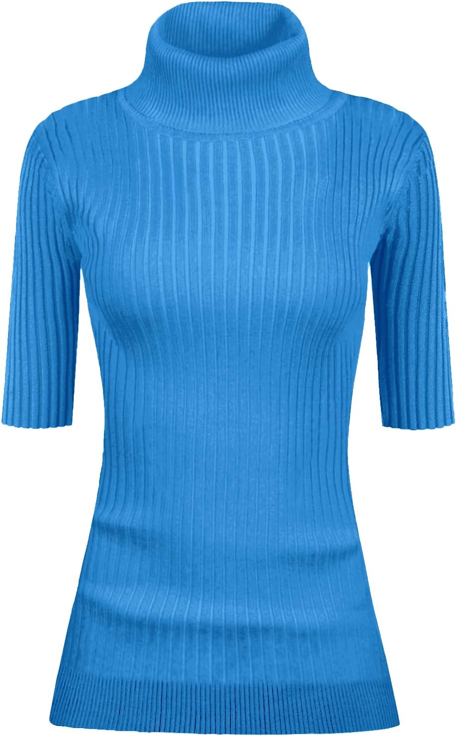 v28 Women Turtleneck 1/2 Half Sleeve Highly Stretchy Ribbed Knit Fitted Sweater