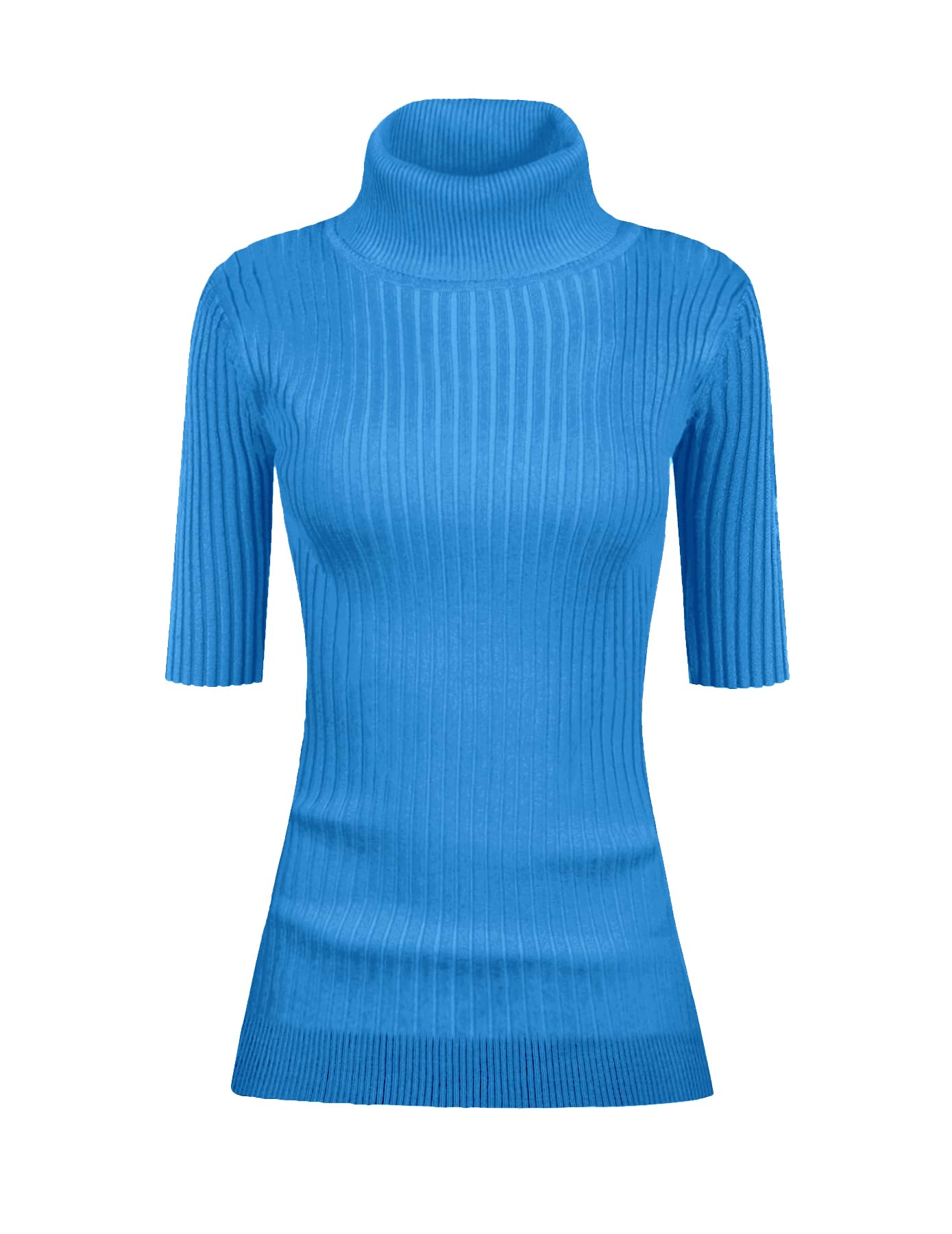 v28 Women Turtleneck 1/2 Half Sleeve Highly Stretchy Ribbed Knit Fitted Sweater