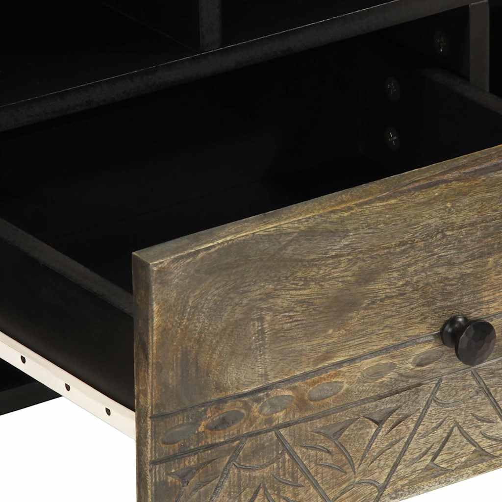 TV-Schrank 100x33x46 cm, Massivholz Mango Schwarz, handgeschnitzt, mit Schublade und Fächern für Wohnzimmer, Media Konsole