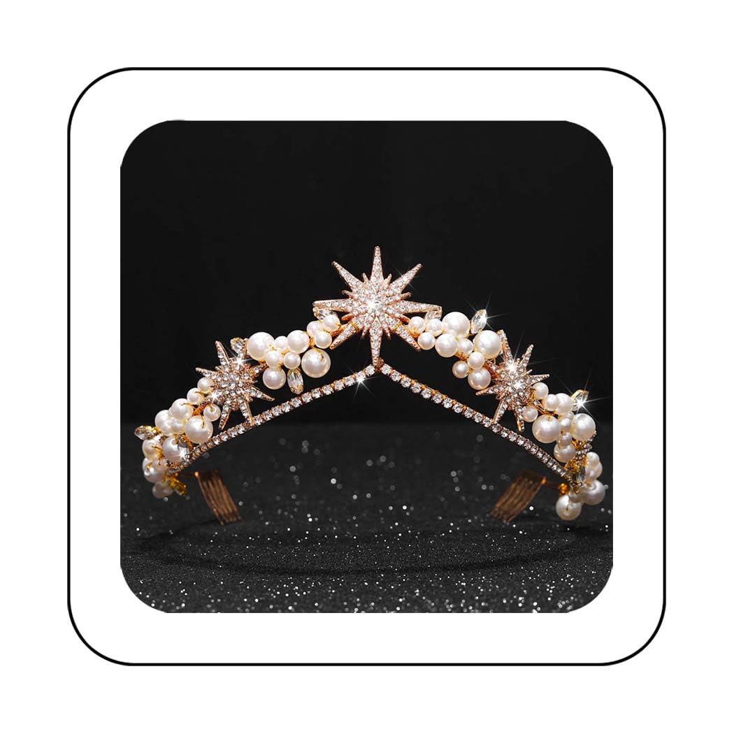 Reaky Tiaras y coronas de boda con diseño de estrella, diademas doradas para novia, tocados de perlas y diamantes de imitación, accesorios para el cabello para mujer