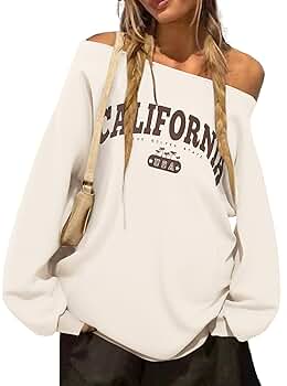 トップス ACLENT Cutoff oneshoulder loose sweat Hilinker Women's Graphic Off Shoulder Sweatshirt Casual