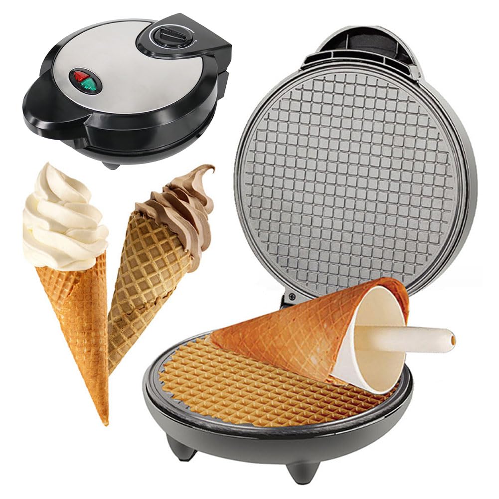 ZbOLi 1200W Electric Waffle Cone Maker, Commercial Ice Cream Cone Maker with Temperature Control, Double Side Heating, Ice Cream Skin Spring Roll Machine with Non Stick Heating Plates