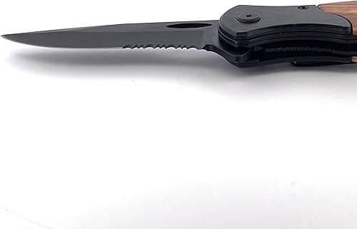 Miniatura 3 de Cuchillo de bolsillo con mango de madera de color tostado medio dentado de calidad personalizada, grabado gratuito