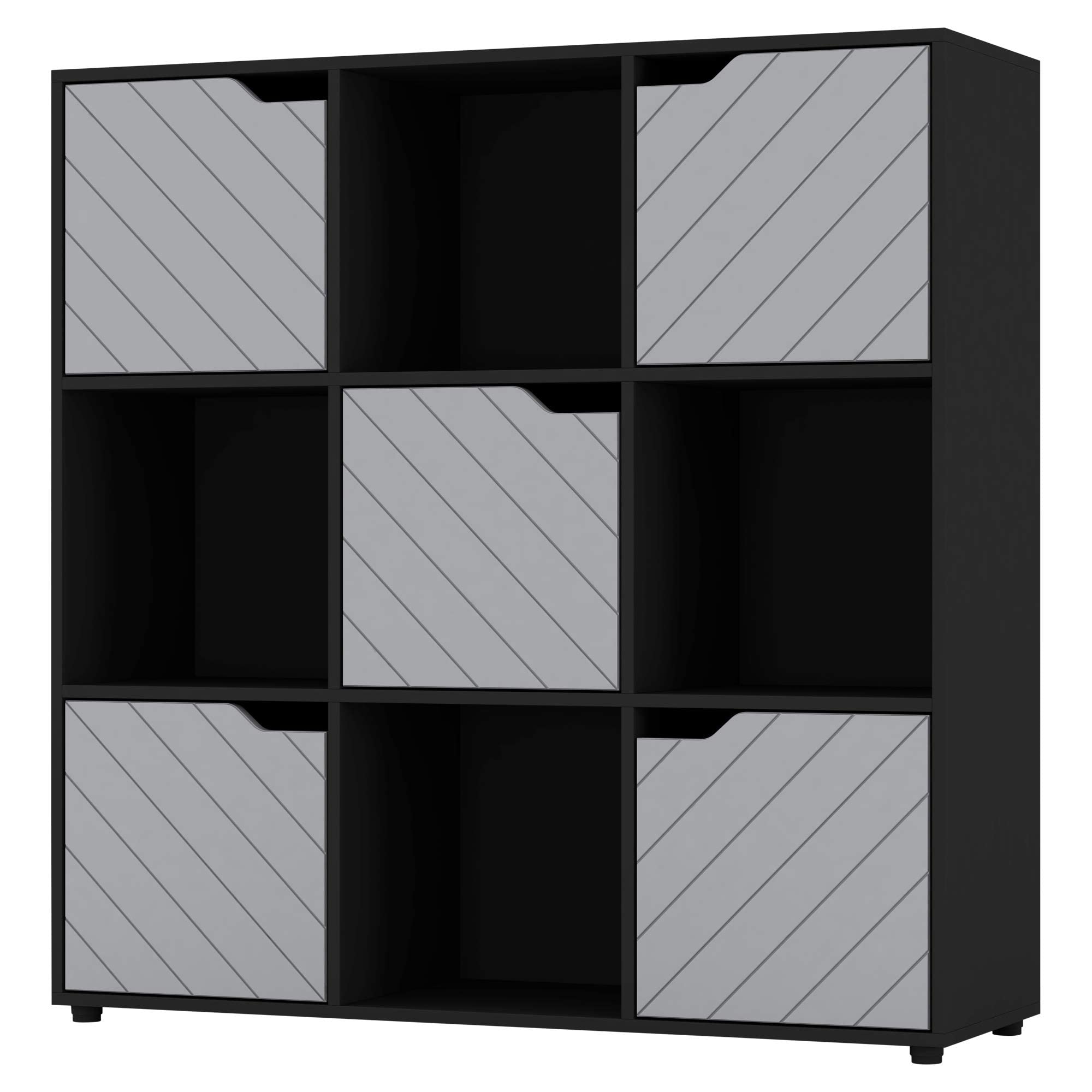 URBNLIVING Black Wooden Cube Bookcase With Line Doors Display Shelf Storage Shelving Cupboard Modern (Grey Door, 3x3 Cube (9Cube))