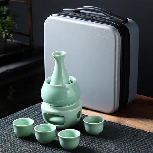 Sivro 日本酒 熱燗器 伝統 熱酒器 酒器セット 冷たい 酒暖かい フラスコ 熱燗器 焼酎じょか揃 美濃焼キット (緑+ハンドバッグ)