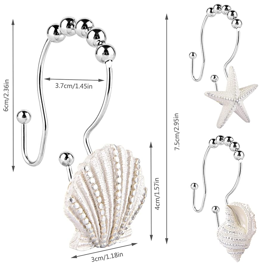 Decorative Shower Curtain Hooks,FINROS 12 Pcs Seashell Double Glide Shower Curtain Hooks for Bathroom and Living Room (White Seashell) - image 4